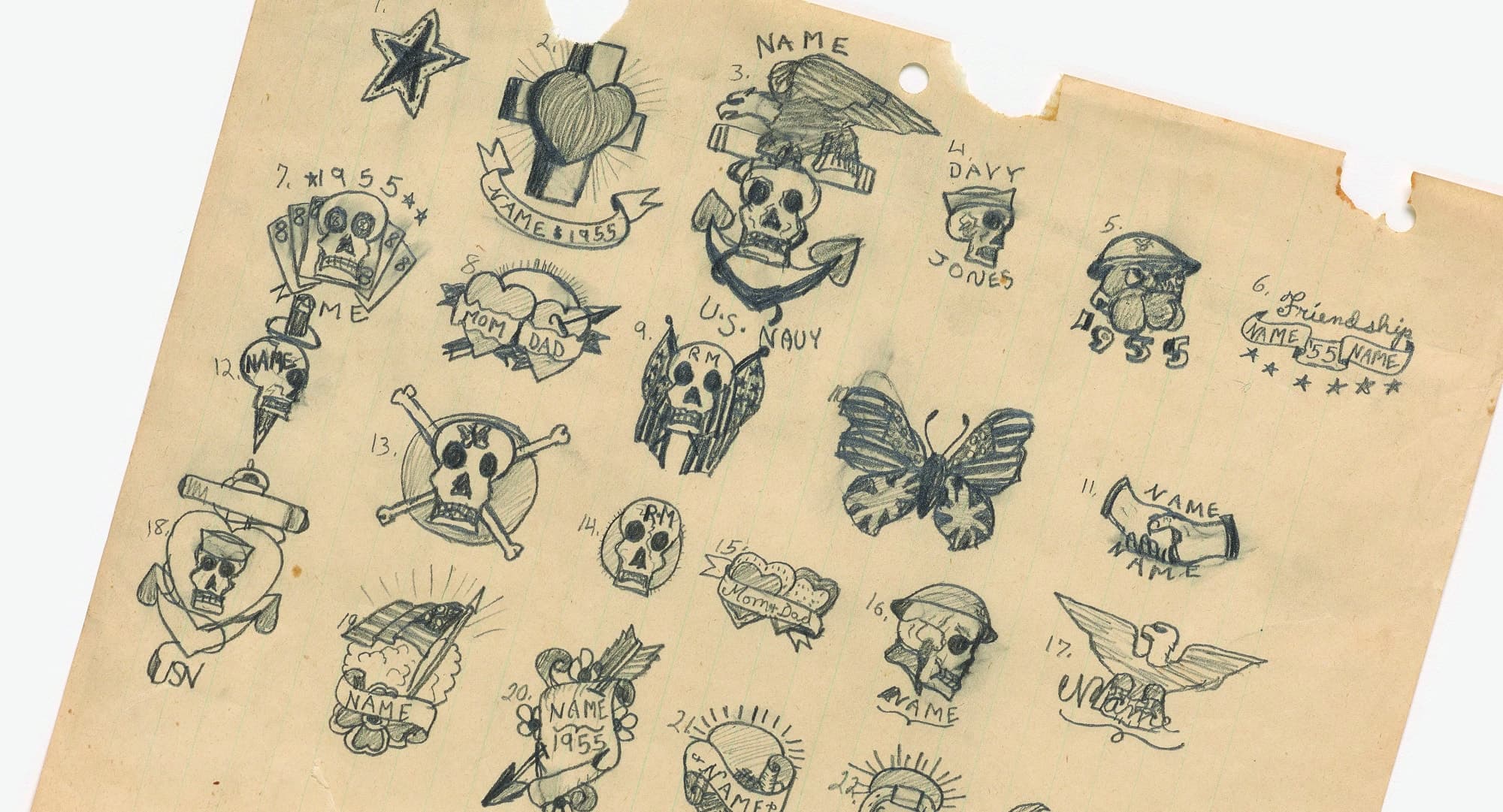 <p>Hardy haunted the tattoo parlors on Long Beach Pike,<br />
where he learned to draw tattoo designs for his “kiddie tattoo shop.”</p>

