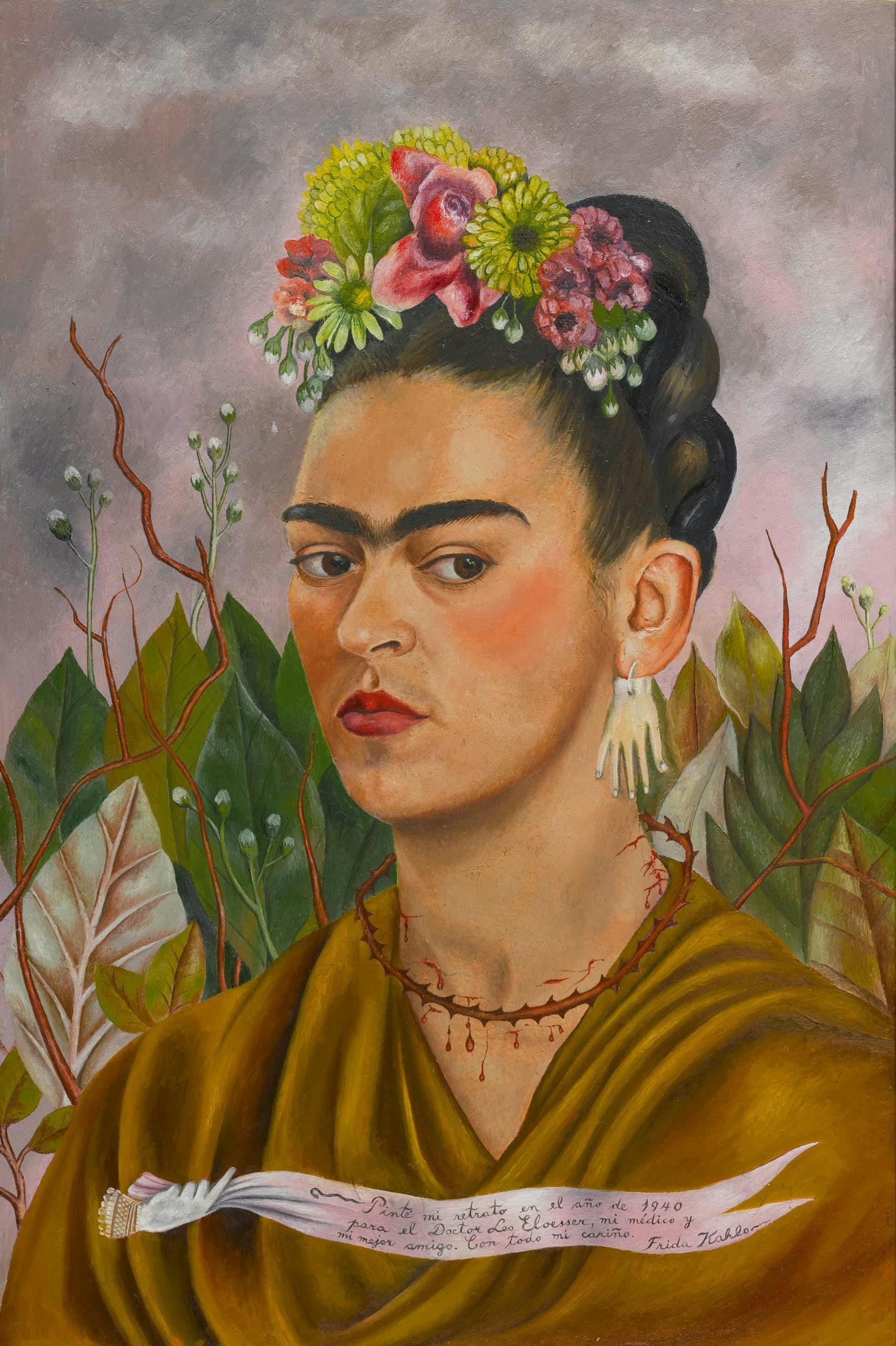 <p>Frida Kahlo, 1907-1954<br />
Self-Portrait Dedicated to Dr. Leo Eloesser, 1940<br />
Oil on Masonite (?)<br />
Private Collection<br />
© 2020 Banco de México Diego Rivera Frida Kahlo Museums Trust, Mexico, D.F. / Artists Rights Society (ARS), New York</p>
